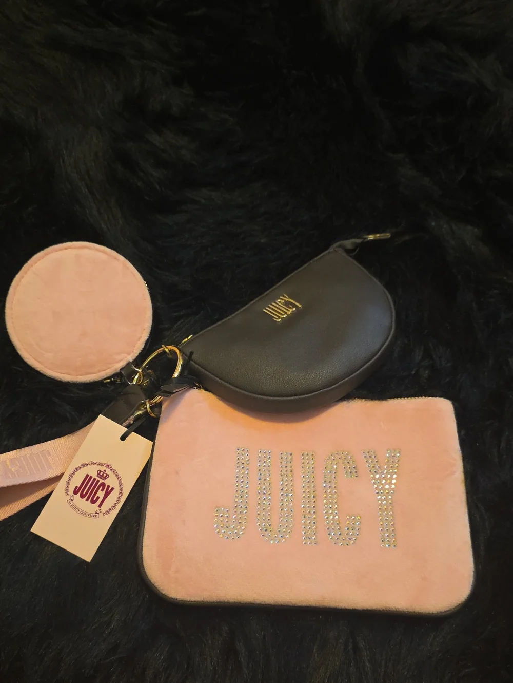 Juicy Couture Pink Velvet Crystal Logo Wristlet Trio with Black Pouch